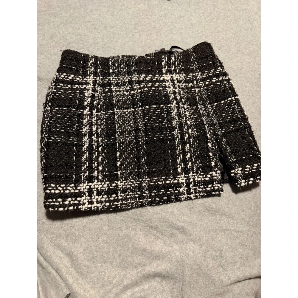 Black White Plaid Tweed Two Piece Set Lace Strap Bustier Top and Mini Skirt